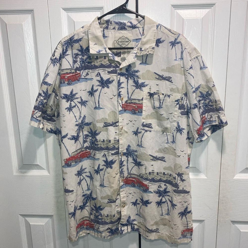 St. John Bay short sleeve tropical Hawaiian men's shirt XL cotton multicolor